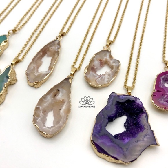 Druzy Agate Necklace | Stainless Steel Chain - Picture 5 of 10